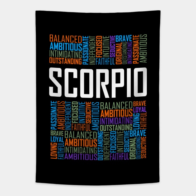 Scorpio Zodiac Words Tapestry by LetsBeginDesigns