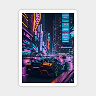 Dark Neon City Sports Car Magnet