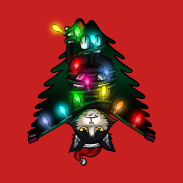 Santa Black Cat Tangled Up In Christmas Tree Lights Holiday Christmas