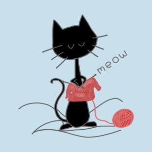 Black Knitting Cat - Light Blue T-Shirt