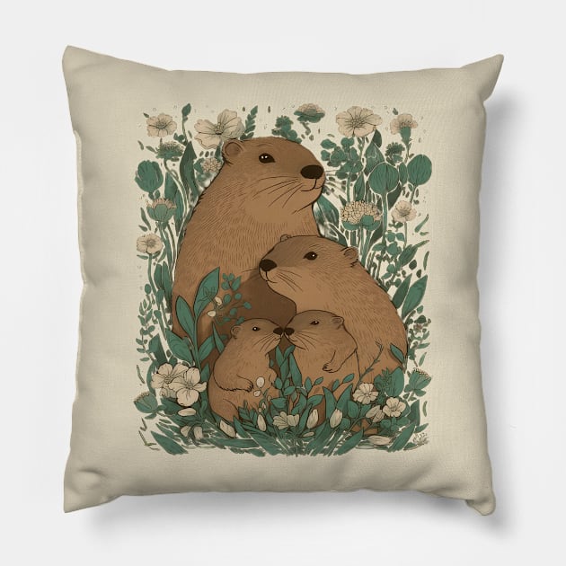 Floral Capybara Family Pillow by Dandzo