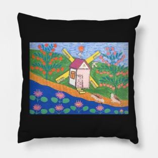 two pigeons drank water by a windmill and ford 1970 - Maria Primachenko Pillow