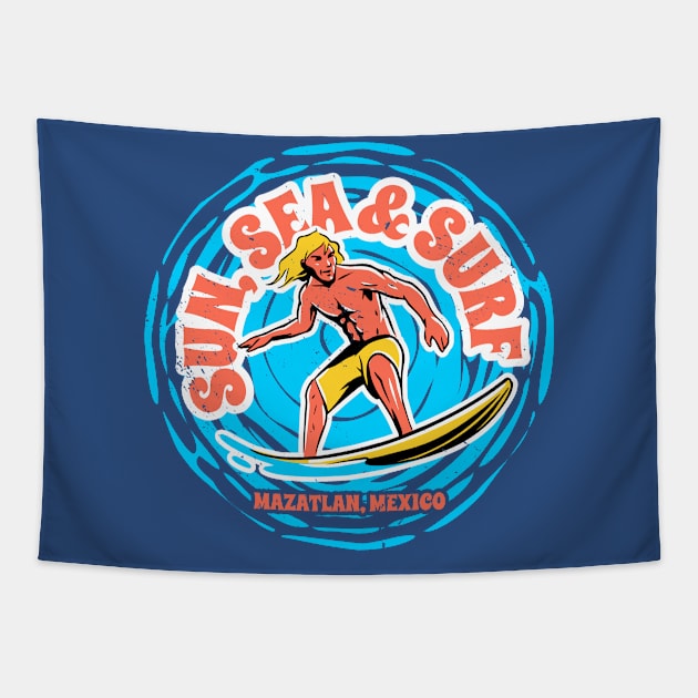 Vintage Sun, Sea & Surf Mazatlan, Mexico // Retro Surfing // Surfer Catching Waves Tapestry by Now Boarding