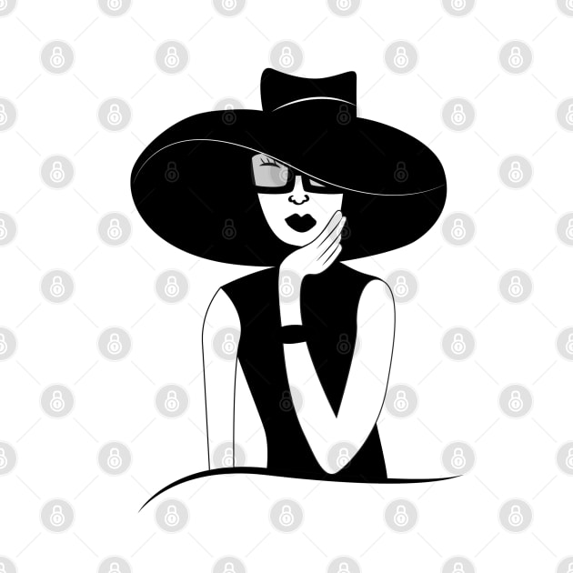 Black and white illustration of fancy lady in a hat by Spinkly