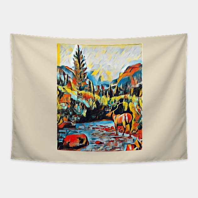 The forest, the creek and the deer in the comics Tapestry by reyhanartstudio