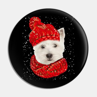 West Highland White Terrier Wearing Red Hat Christmas Pin