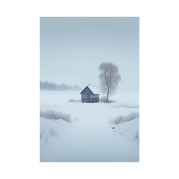 Scandinavian Style Winter Landscape with House and Tree by Abili-Tees