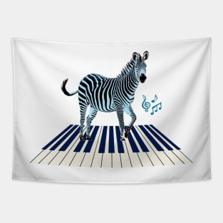 Zebra in Blue on Keyboard with Music Notes Tapestry