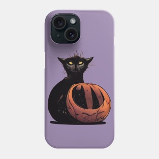 Scruffy black cat on a pumpkin Phone Case