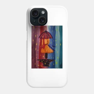 A lady with umbrella and handbag walking down a rain soaked footpath Phone Case