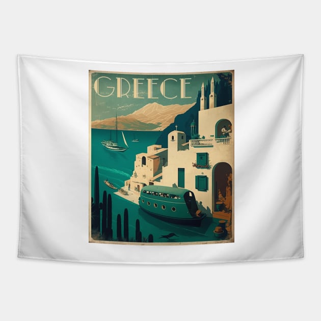 Greece Coastal Town Vintage Travel Art Poster Tapestry by OldTravelArt