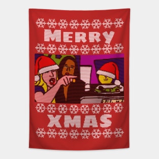 Woman Yelling Merry Xmas at Christmas Santa Cat Tapestry