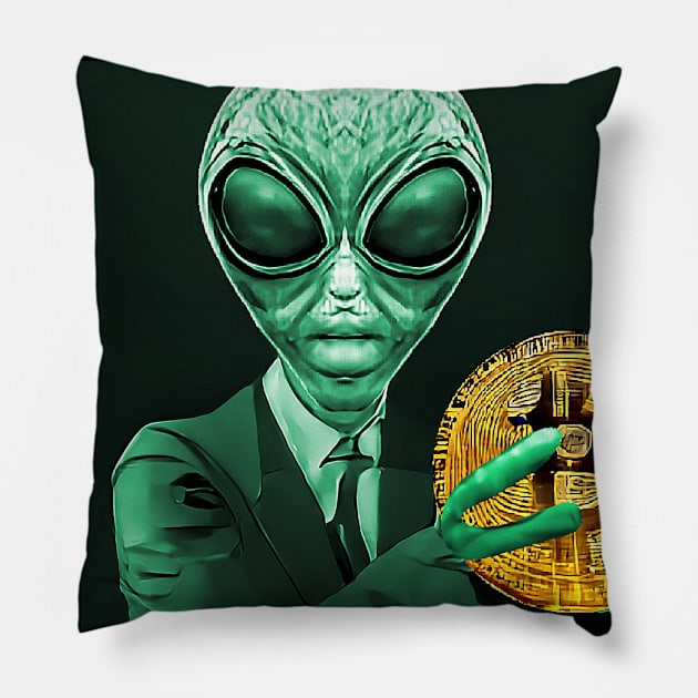 Alien Bitcoin Collectors Mars Invasion Sci-fi Pillow by PlanetMonkey