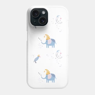 Pattern with cute sleeping elephant, bird and moon Phone Case