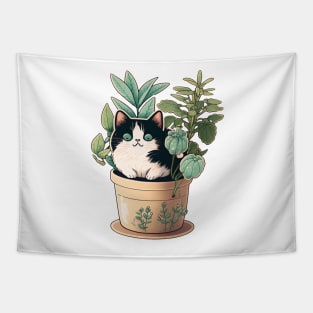 Black Cat and Plants Tapestry