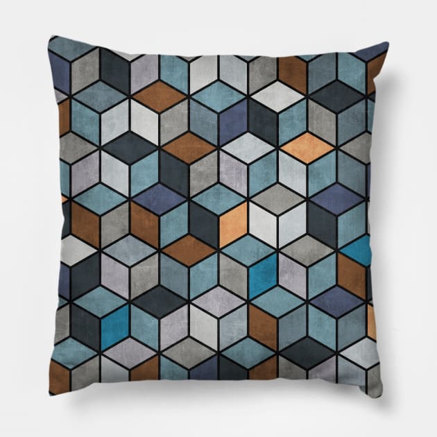 Colorful Concrete Cubes - Blue, Grey, Brown Pillow by ZoltanRatko