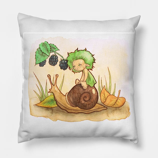 Wisp on a snail-ride Pillow by Griffindiary