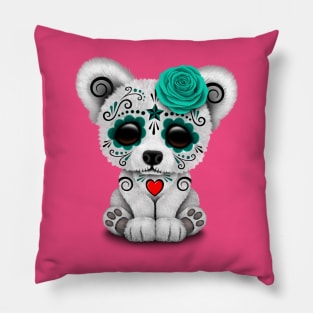 Teal Blue Day of the Dead Sugar Skull Polar Bear Pillow