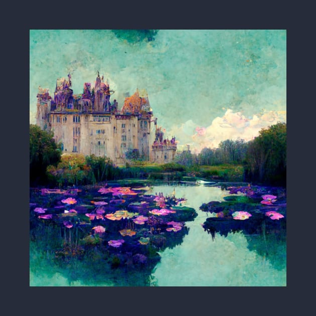 Teal Sky Castle and Waterlillie pond flower painting by joannejgg