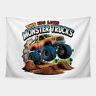 Monster Truck Soaring Over Dirt Pile Tapestry