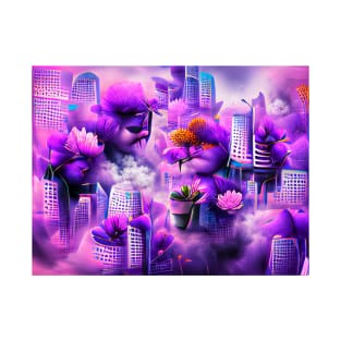 Purple Flower and City Art T-Shirt