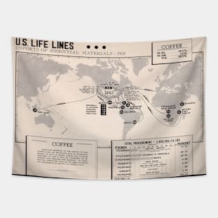 Old World Coffee Bean Exports Map (1854) Vintage Cafe Beverage US Import Atlas Tapestry