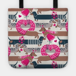 Dachshunds long love // beige background fuchsia pink hearts scarves sweaters and other Valentine's Day details brown nile blue and dark grey spotted funny doxies dog puppies Tote