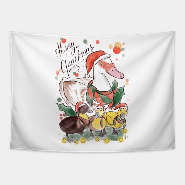 Merry quackmas Tapestry by Jurassic Ink