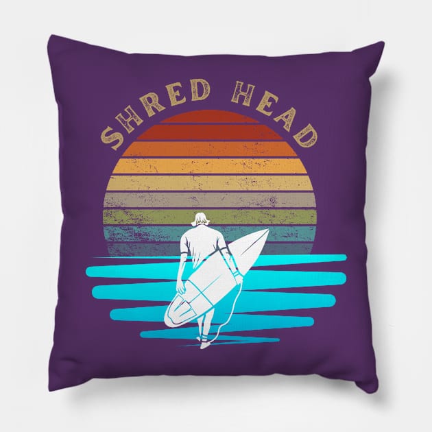 Retro Sunset With Surfer On The Open Waves Pillow by FNRY