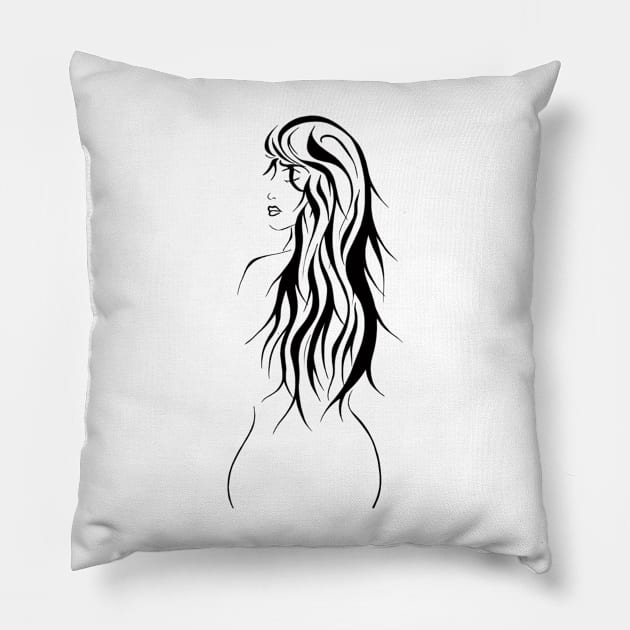 Beautiful woman with long hair Pillow by Drawings by Wandersti