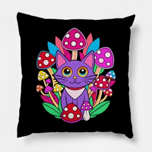 Purple trippy cat and mushrooms Pillow