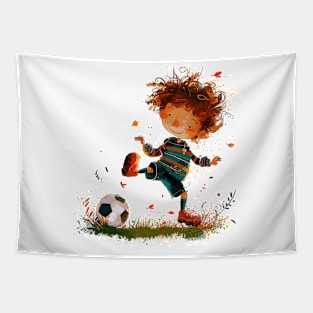 Little Boy Playing Soccer Tapestry