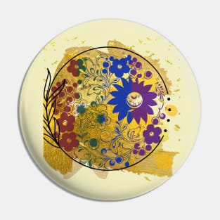 Multicoloured Floral motif mandala design illustration with gold paint splatter and confetti Pin