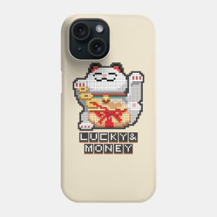 Maneki Neko Lucky & Money Japanese chubby white cat pixel art Phone Case