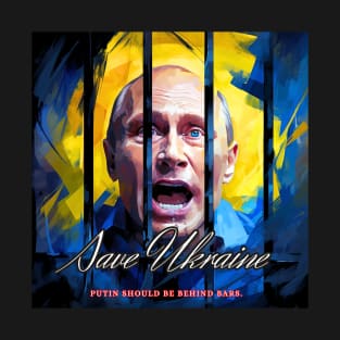 Putin is afraid and screaming in prison behind bars. Play in blue and yellow colors T-Shirt