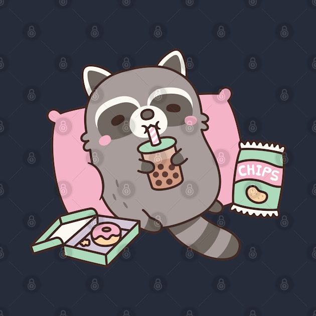 Cute Raccoon Chilling With Boba Tea And Snacks by rustydoodle