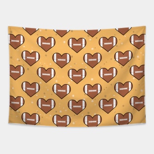 American Football Ball Texture In Heart Shape - Seamless Pattern on Orange Background Tapestry