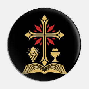 Cross, open bible, holy grail and vine. Pin