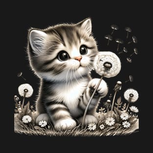 Adorable Kitten & Dandelions - Whimsical Nature Tee T-Shirt