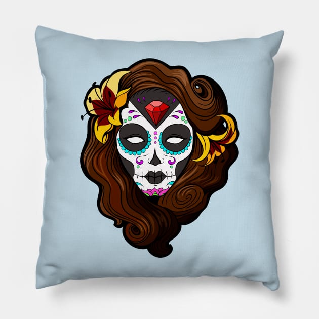 Day of the dead sugar skull pinup girl Pillow by Drawn2life