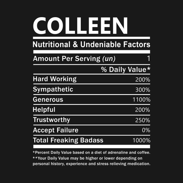 Colleen Name T Shirt - Colleen Nutritional and Undeniable Name Factors Gift Item Tee by nikitak4um