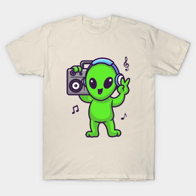 Bonito alien ouvindo música com boombox e fone de ouvido ilustração  vetorial ícone dos desenhos animados ciência tecnologia