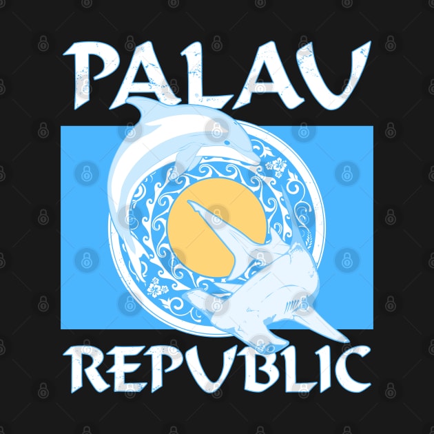 Palauan Flag with Hammerhead shark and dolphin by NicGrayTees