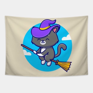 Cute Witch Cat Riding Magic Broom Cartoon Tapestry