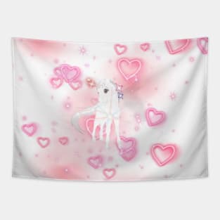 Cute white baby unicorn with pink hearts and shiny stars Tapestry