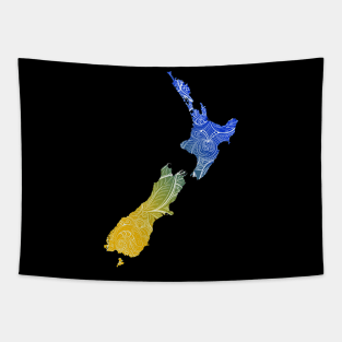 Colorful mandala art map of New Zealand with text in blue and yellow Tapestry