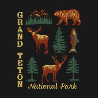 Grand Teton National Park Distressed Mountain Trees Moose Bear Fish DeerSouvenir T-Shirt