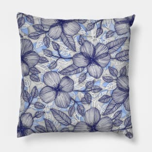 Indigo Summer - a hand drawn floral pattern Pillow