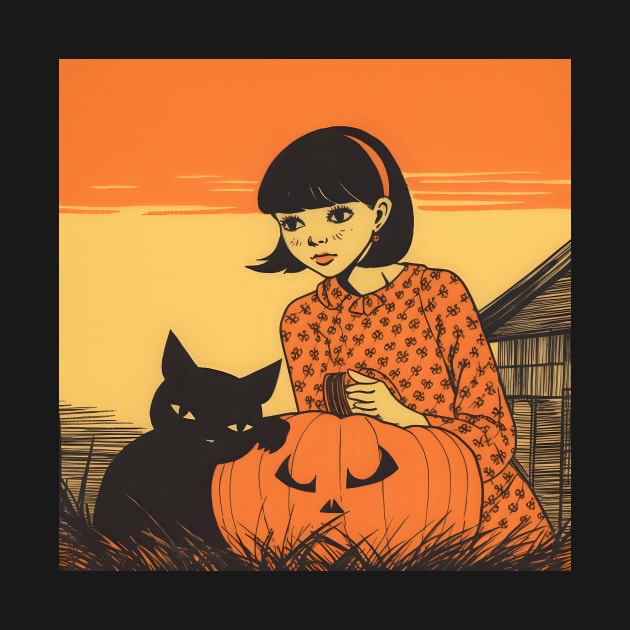 Halloween Brunette Girl in orange dress with black Cat and Pumpkin by KOTYA