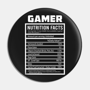 Gamer Nutrition Facts Funny Pin